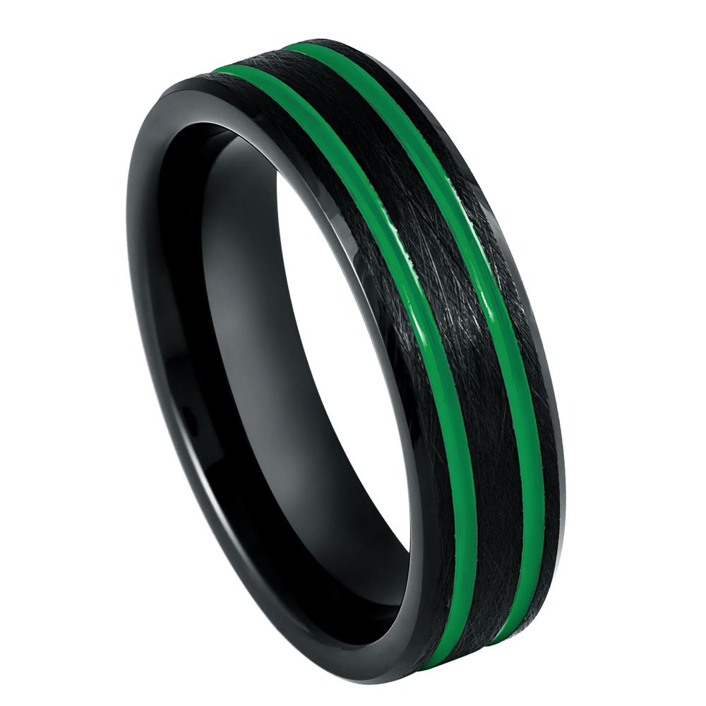 6mm Black Tungsten Band with Double Green Grooves - white background