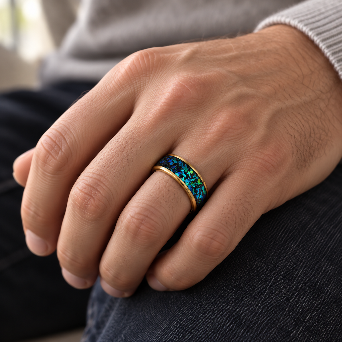 8mm Yellow Tungsten Band with Galaxy Opal Inlay - lifestyle