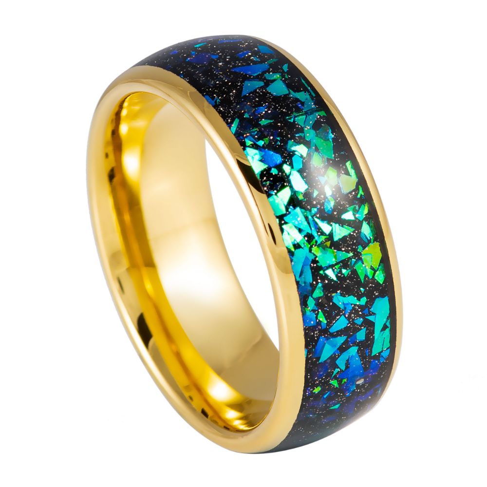 8mm Yellow Tungsten Band with Galaxy Opal Inlay - white background
