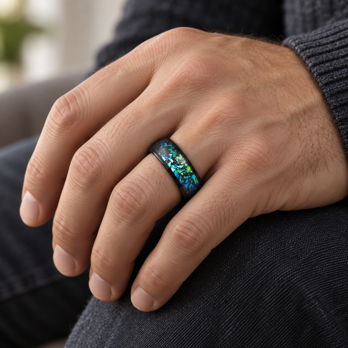8mm Black Tungsten Band with Galaxy Opal Inlay - lifestyle