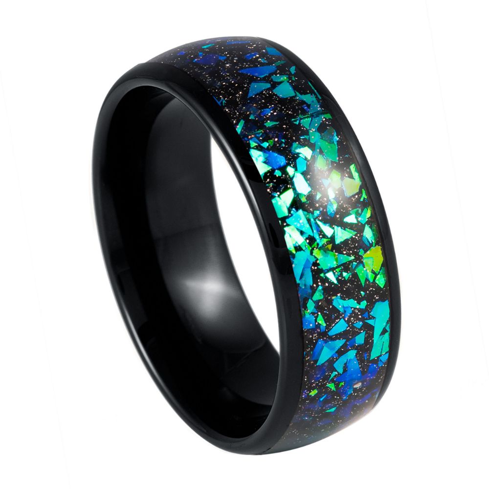 8mm Black Tungsten Band with Galaxy Opal Inlay - white background
