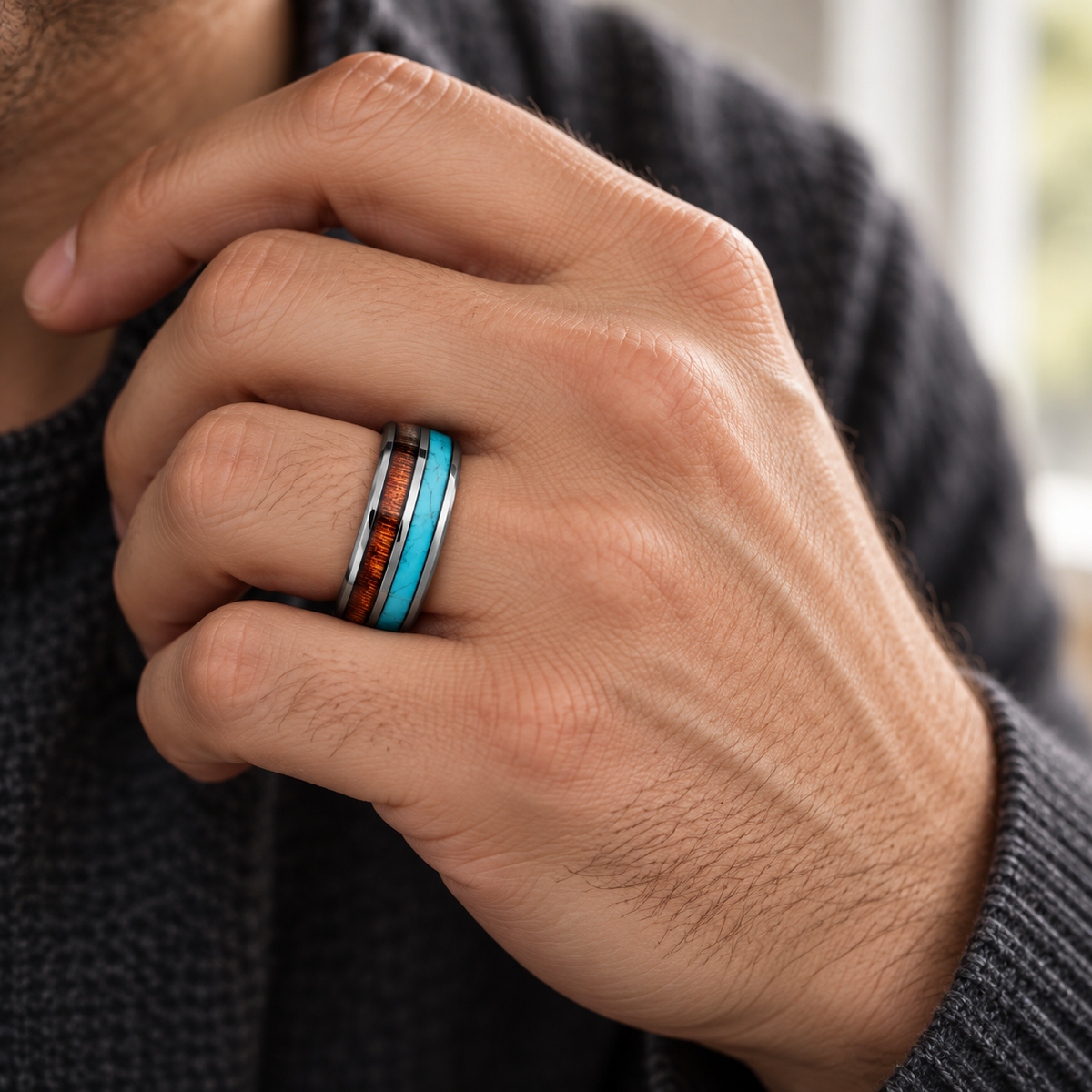 8mm Silver Tungsten Band with Koa Wood and Turquoise Inlay - lifestyle