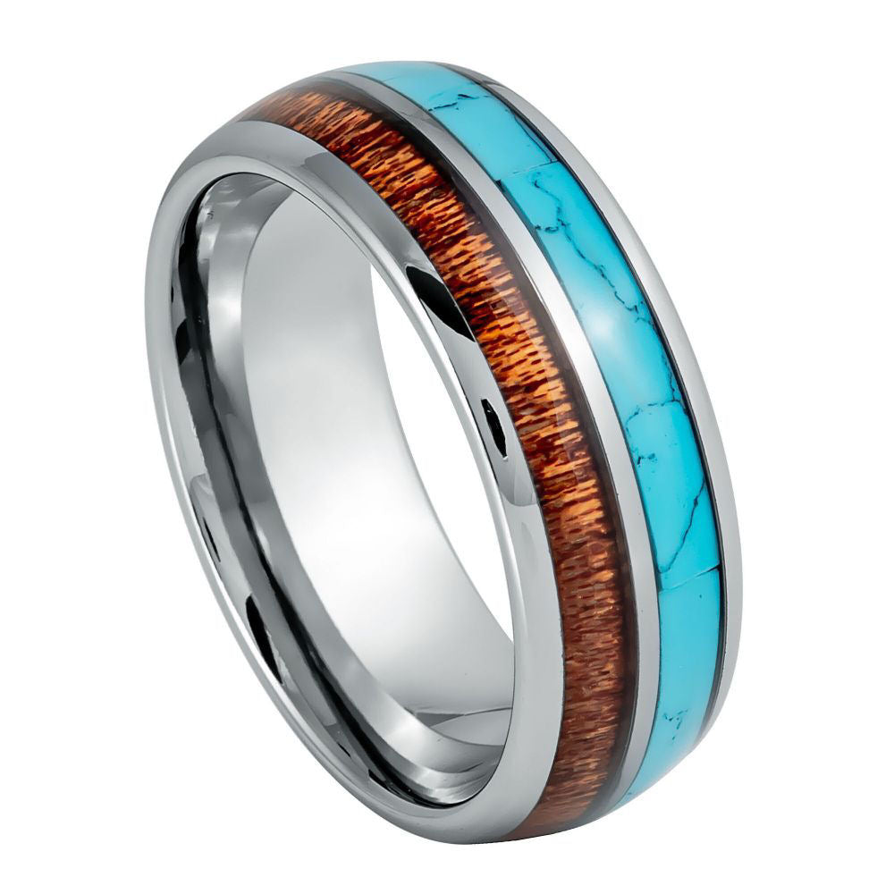 8mm Silver Tungsten Band with Koa Wood and Turquoise Inlay - white background