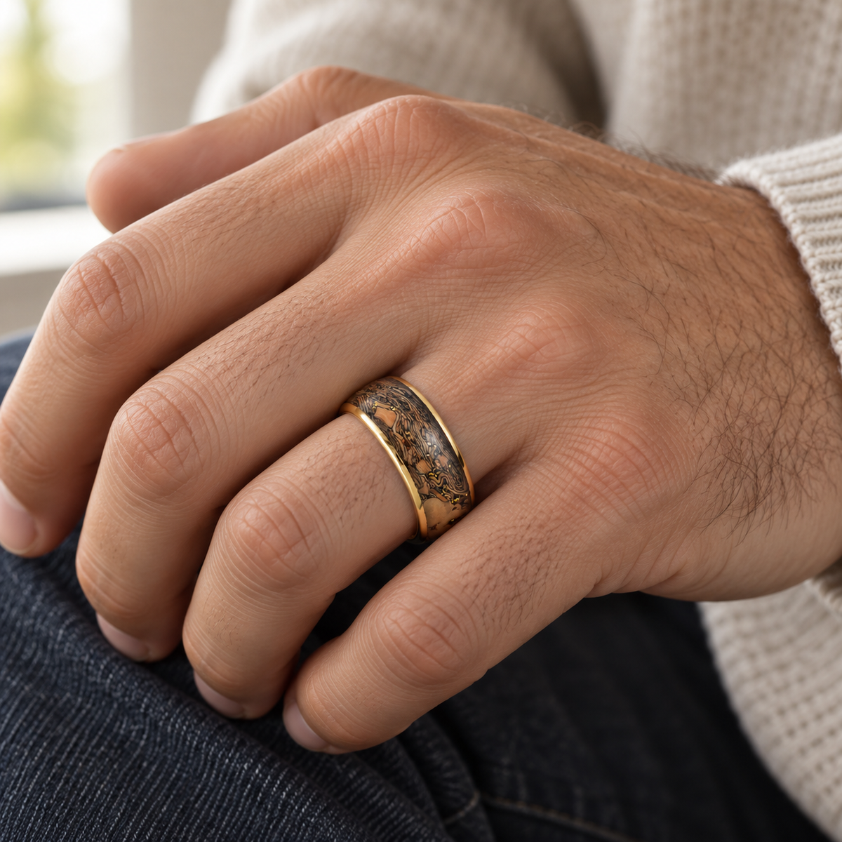 8mm Yellow Tungsten Band with Patterned Cork Inlay - lifestyle
