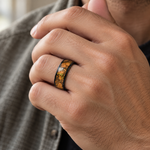 8mm Black Tungsten Band with Gold Patterned Cork Inlay - lifestyle
