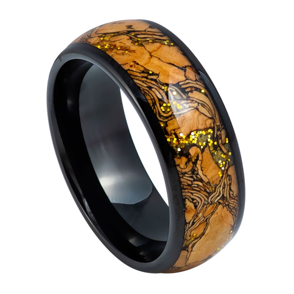 8mm Black Tungsten Band with Gold Patterned Cork Inlay - white background