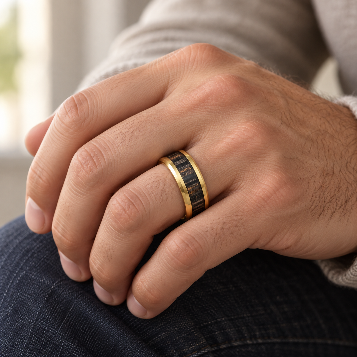8mm Yellow Tungsten Band with Zebra Wood Inlay - lifestyle