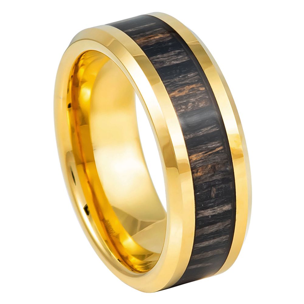 8mm Yellow Tungsten Band with Zebra Wood Inlay - white background
