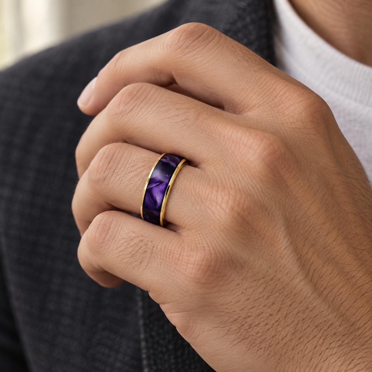 8mm Yellow Tungsten Band with Purple Faceted Inlay - lifestyle
