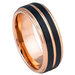 8mm Rose and Black Tungsten Double Groove Band - white background