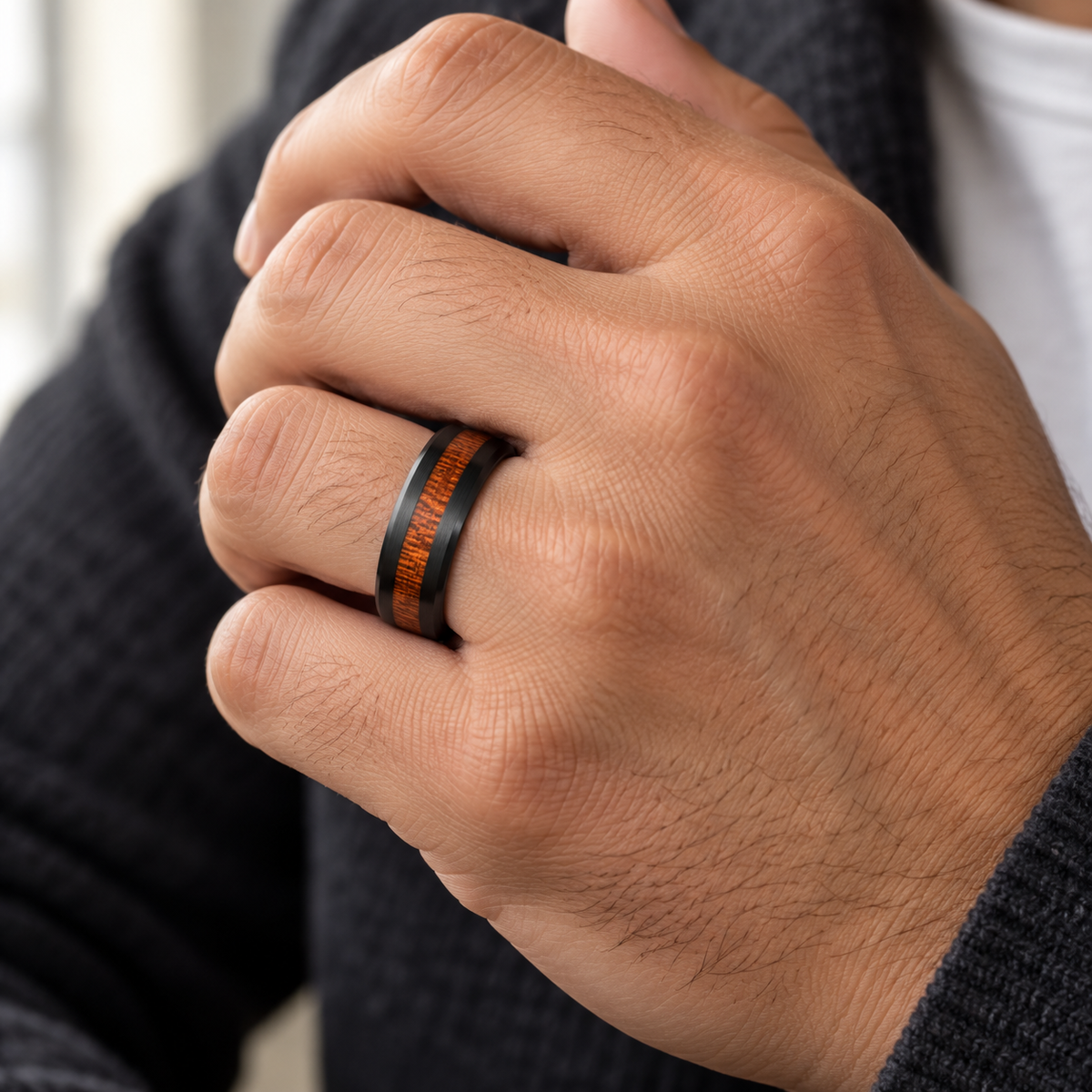 8mm Black Tungsten Band with Koa Wood Inlay - lifestyle