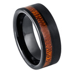8mm Black Tungsten Band with Koa Wood Inlay - white background