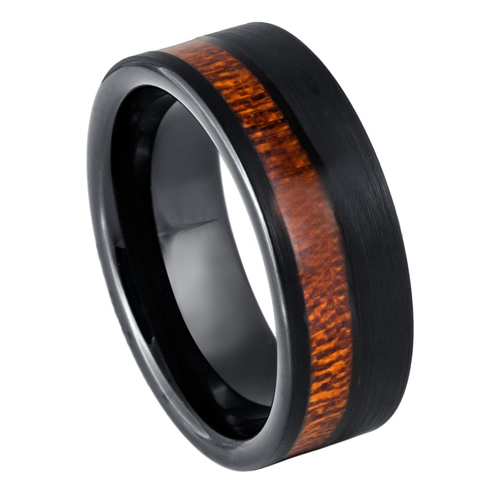 8mm Black Tungsten Band with Koa Wood Inlay - white background