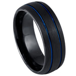8mm Black Tungsten Band with Double Blue Grooves - white background