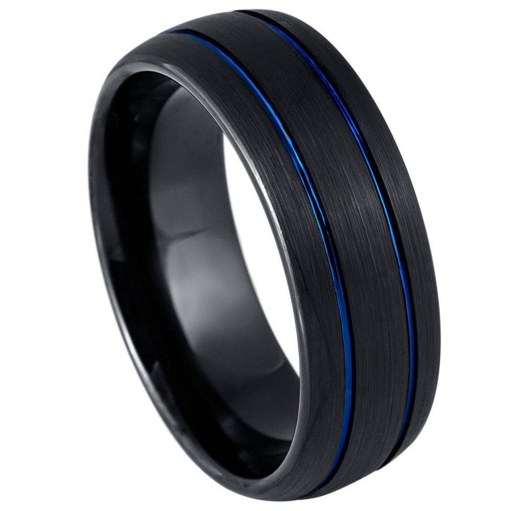 8mm Black Tungsten Band with Double Blue Grooves - white background