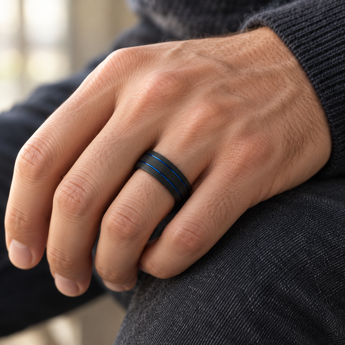 6mm Black Tungsten Band with Double Blue Grooves - lifestyle