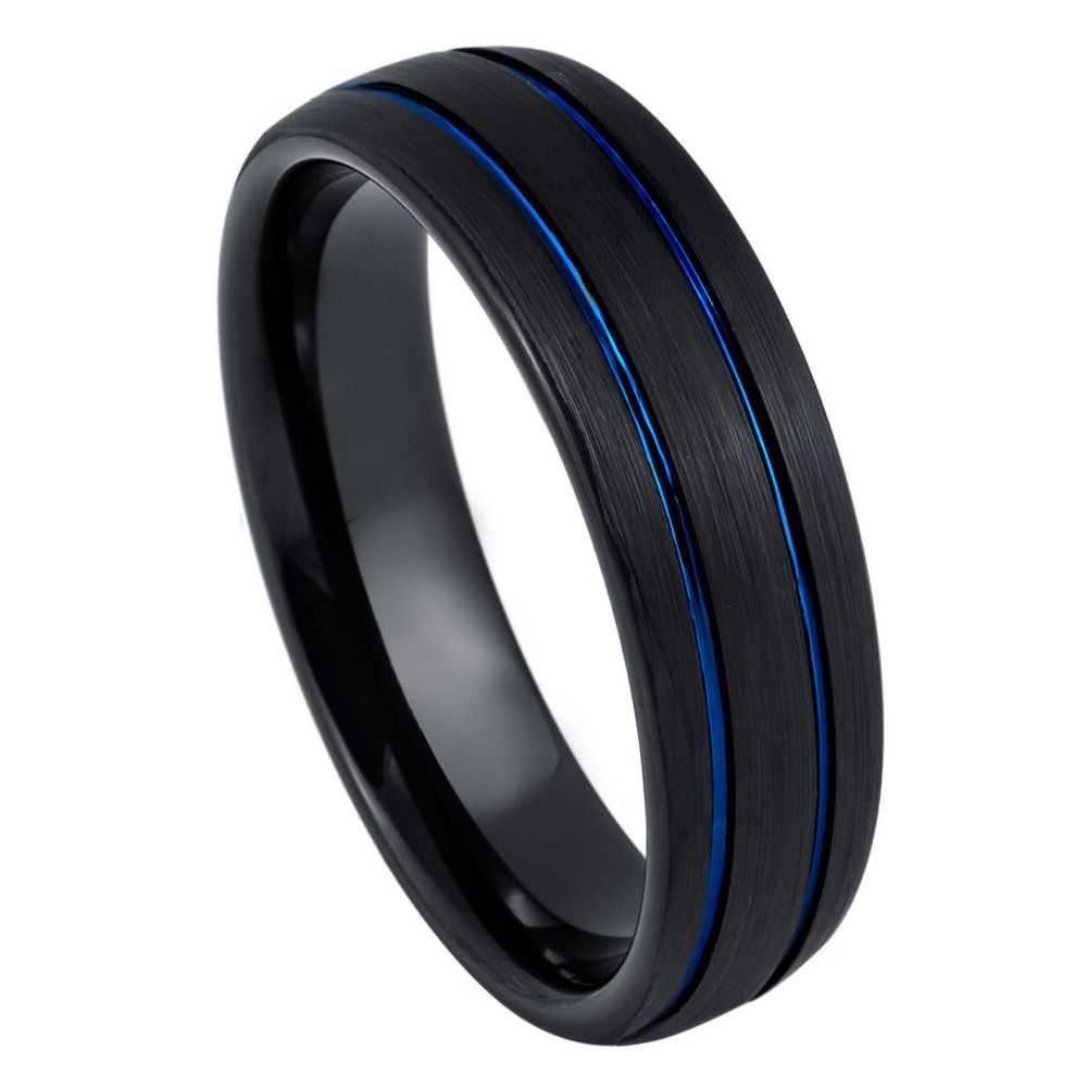 6mm Black Tungsten Band with Double Blue Grooves - white background