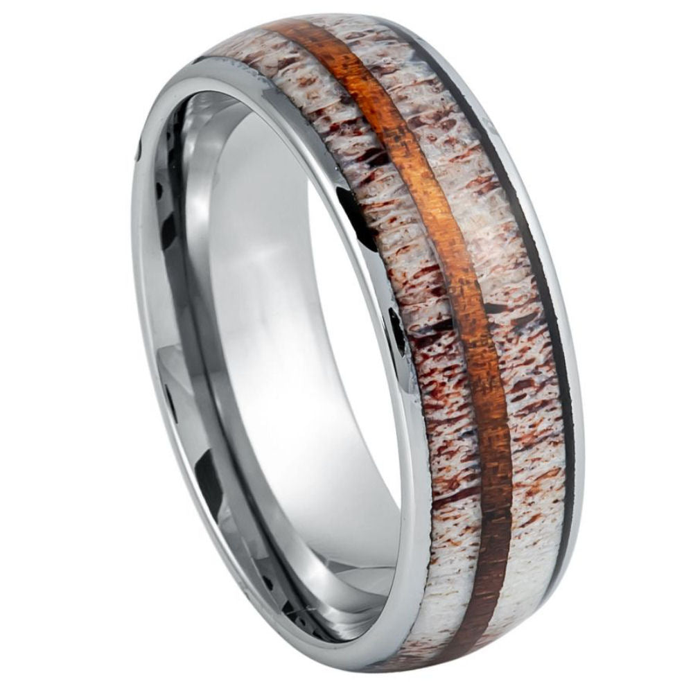 8mm Silver Tungsten Band with Antler and Wood Inlay - white background
