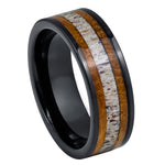 8mm Black Tungsten Band with Koa Wood and Antler Inlay - white background