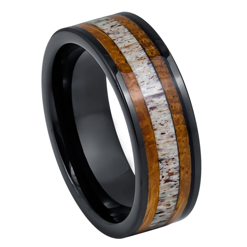 8mm Black Tungsten Band with Koa Wood and Antler Inlay - white background