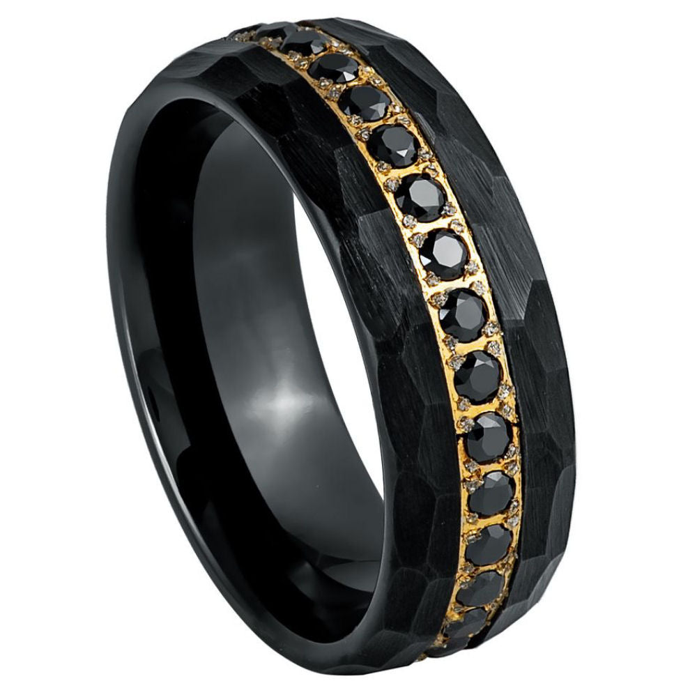 8mm Black Faceted Tungsten Band with Black Stone Channel - white background