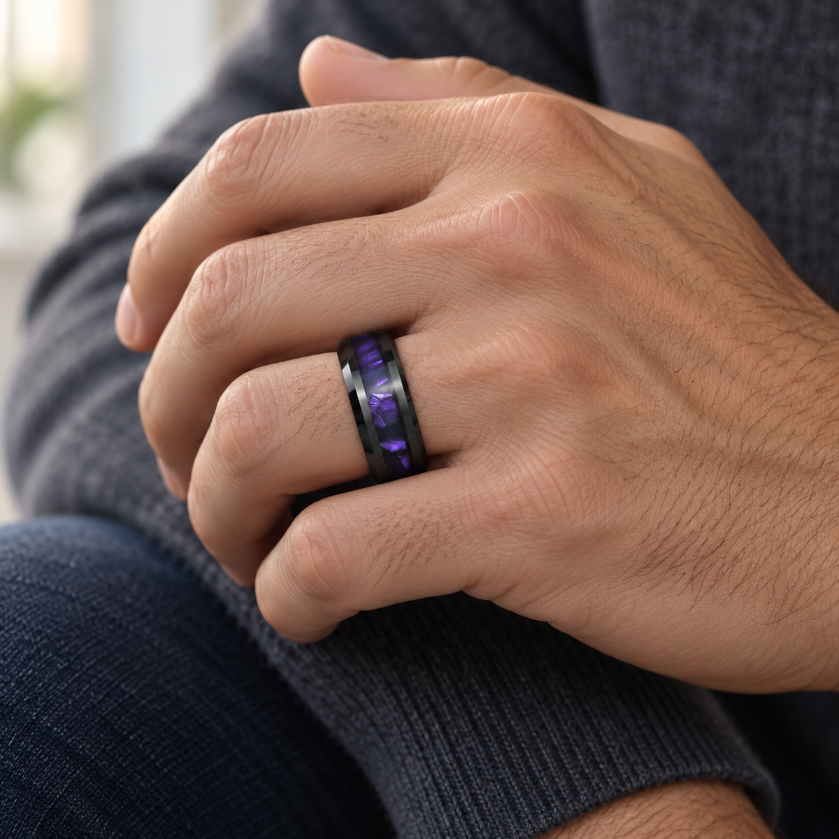 8mm Yellow Tungsten Band with Purple Faceted Inlay - lifestyle