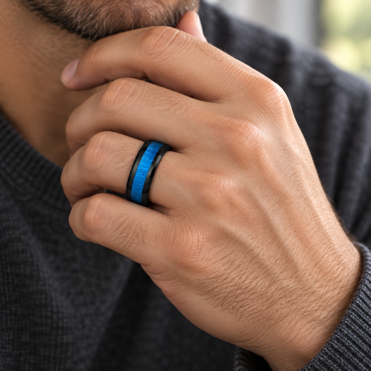8mm Black Tungsten Band with Blue Brushed Center - lifestyle
