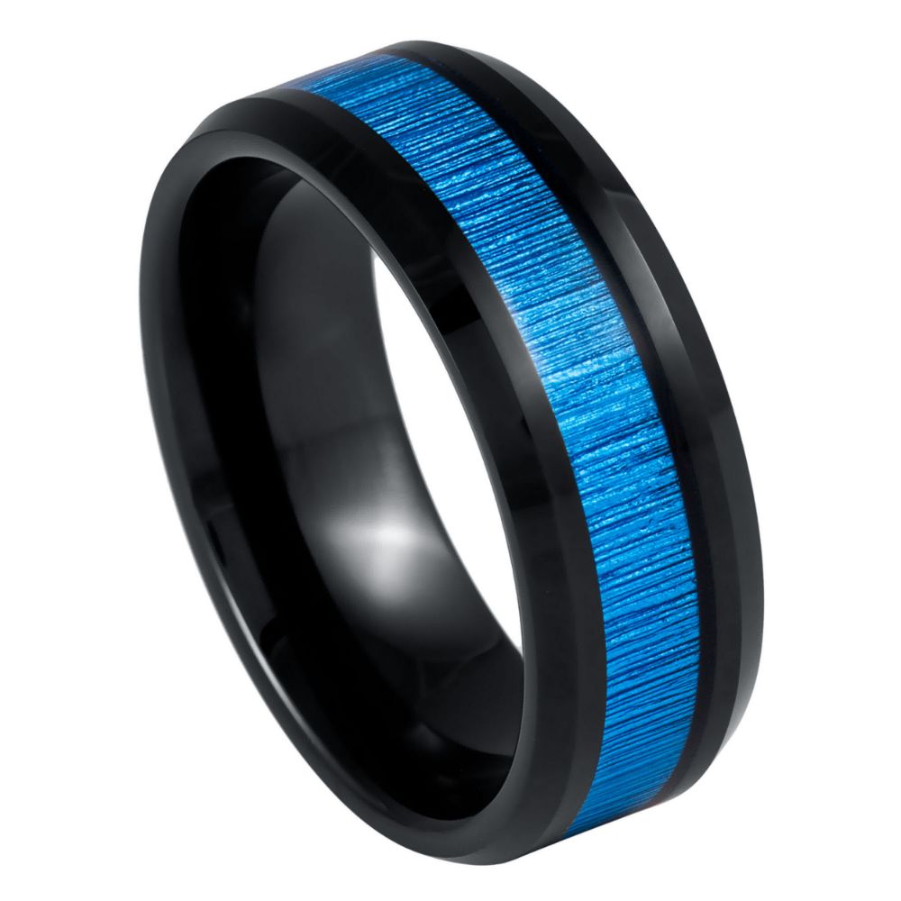 8mm Black Tungsten Band with Blue Brushed Center - white background