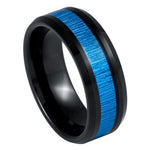 8mm Black Tungsten Band with Blue Brushed Center - white background