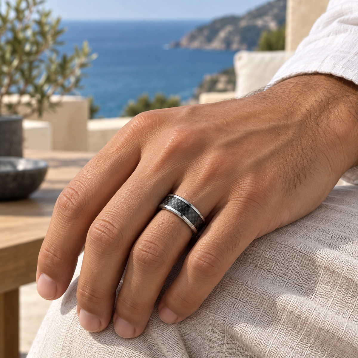 8mm Tungsten High-Polish Band with Black Carbon Fiber Inlay lifestyle image