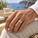 8mm Tungsten Brushed Band with Yellow Stepped Edges lifestyle image