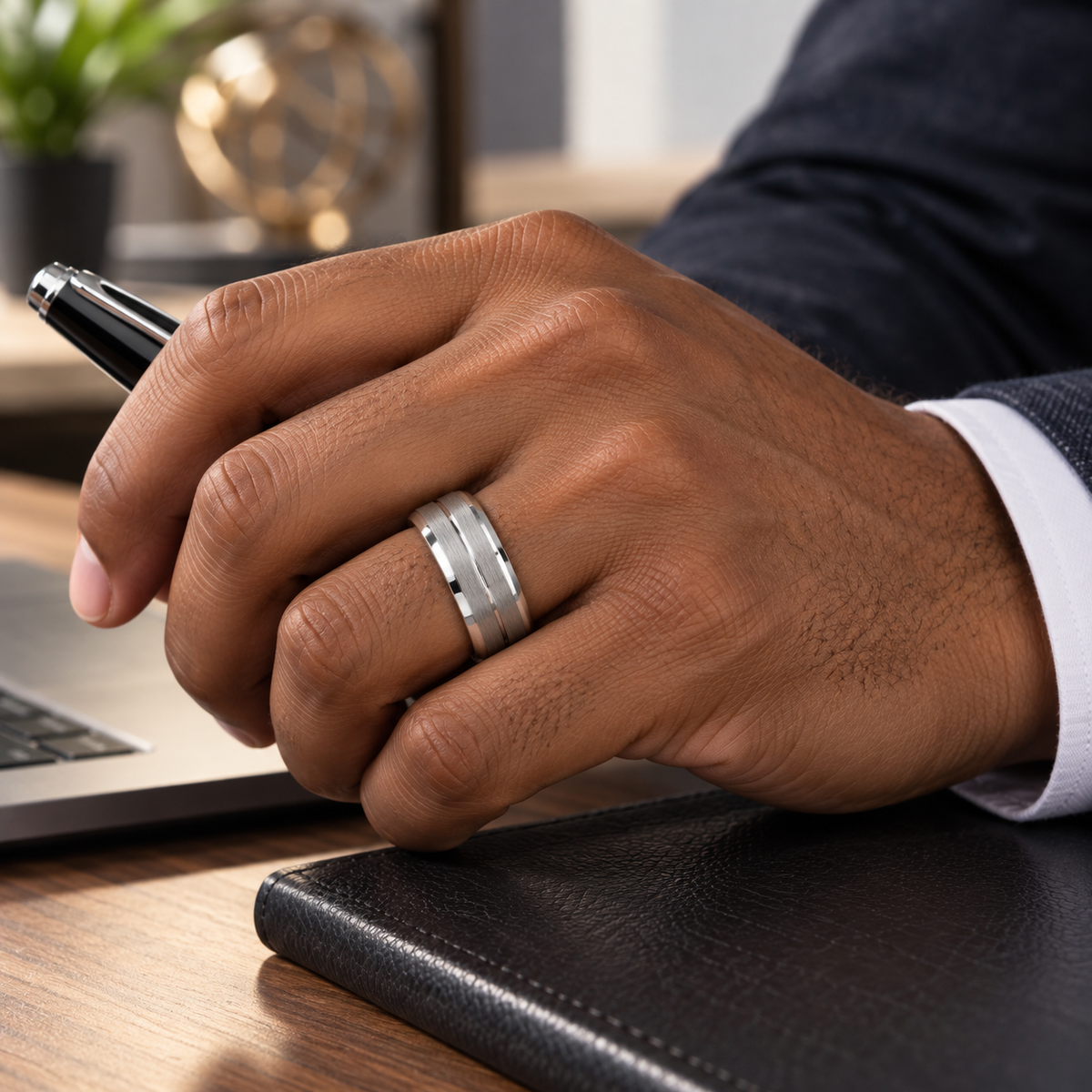 9mm Tungsten Brushed Center-Groove Band lifestyle image
