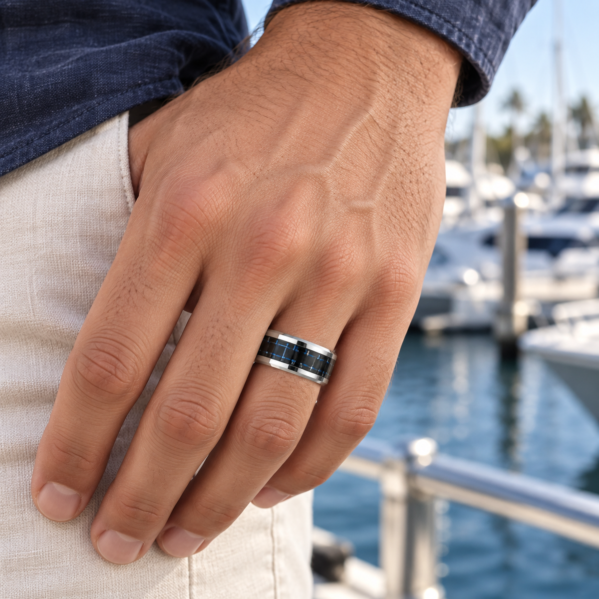 8mm Tungsten Band with Blue Carbon Fiber Inlay lifestyle image