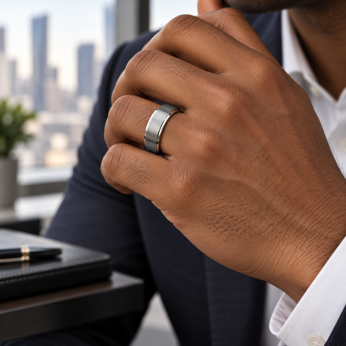 8mm Tungsten Brushed Band with High-Polish Stepped Edges lifestyle image