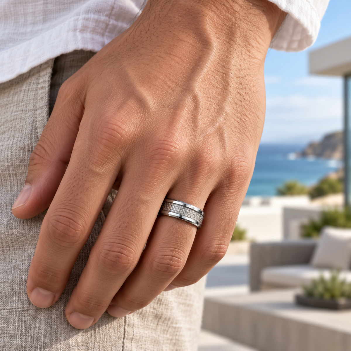 8mm Tungsten Beveled-Edge Band with Gray Carbon Fiber Inlay lifestyle image