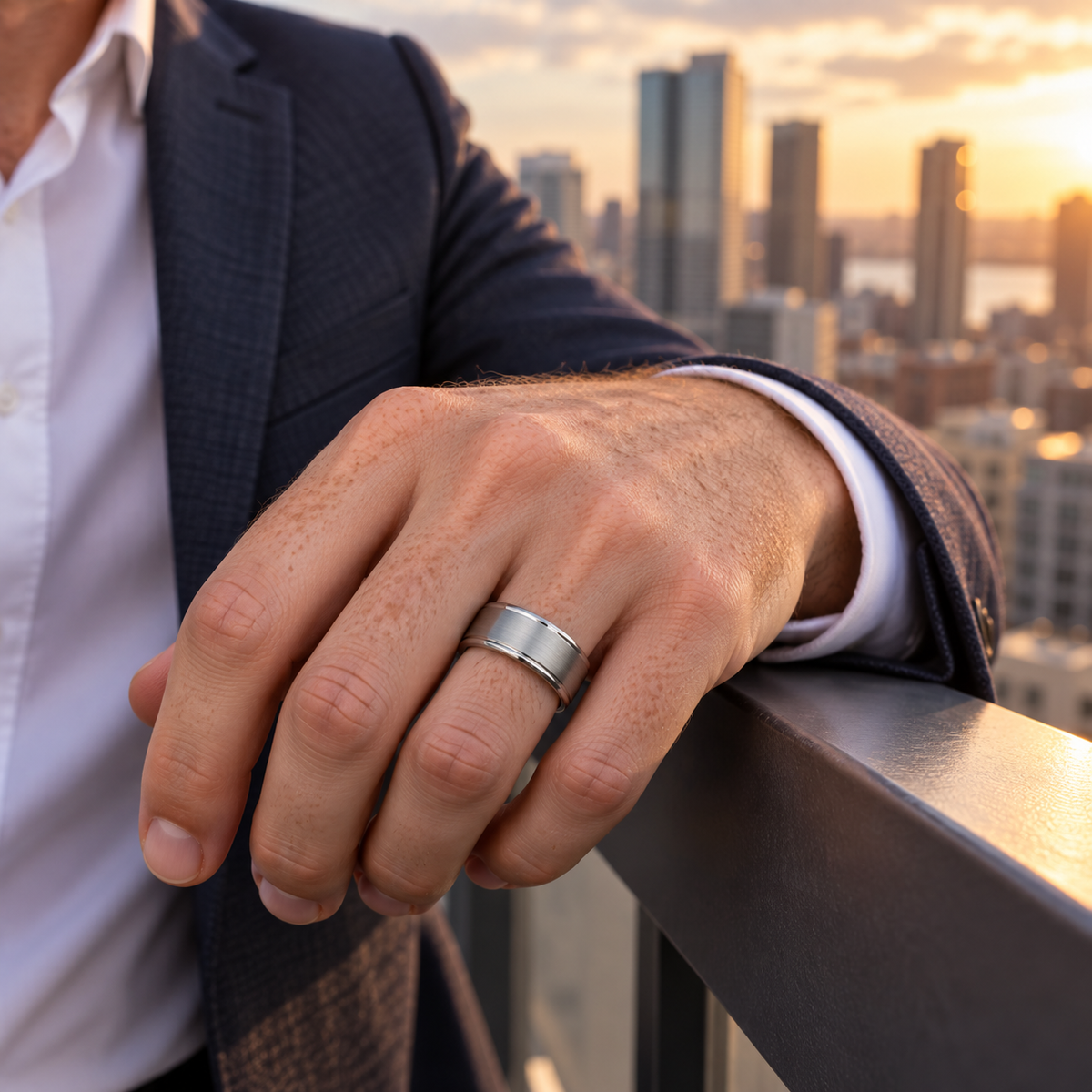 8mm Tungsten Brushed-Center Band with Polished Ridge lifestyle image