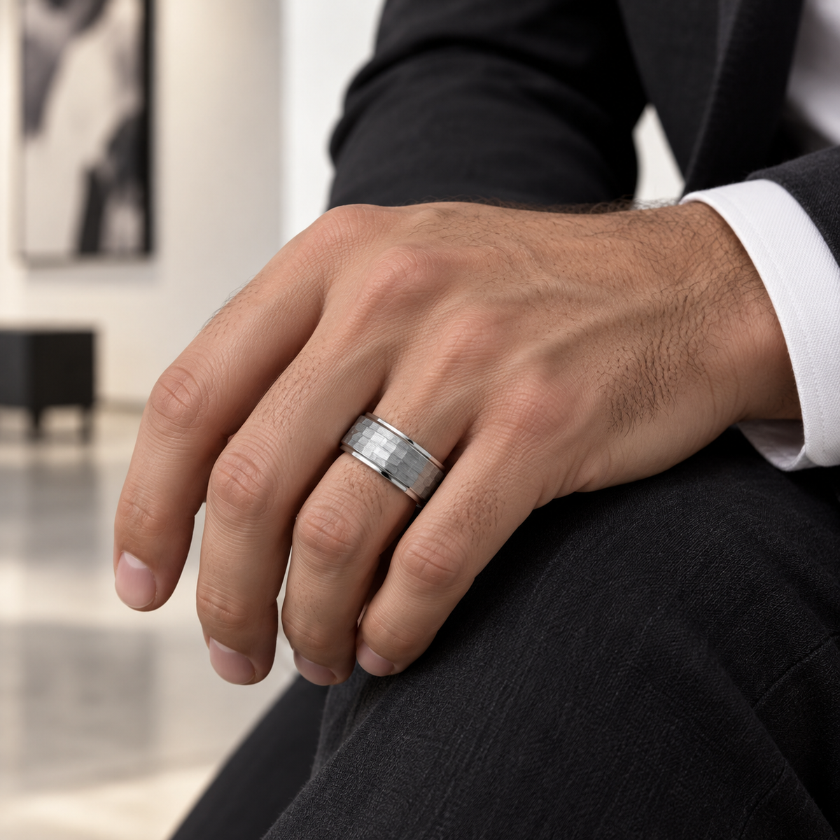 9mm Tungsten Hammered-Center Stepped-Edge Band lifestyle image
