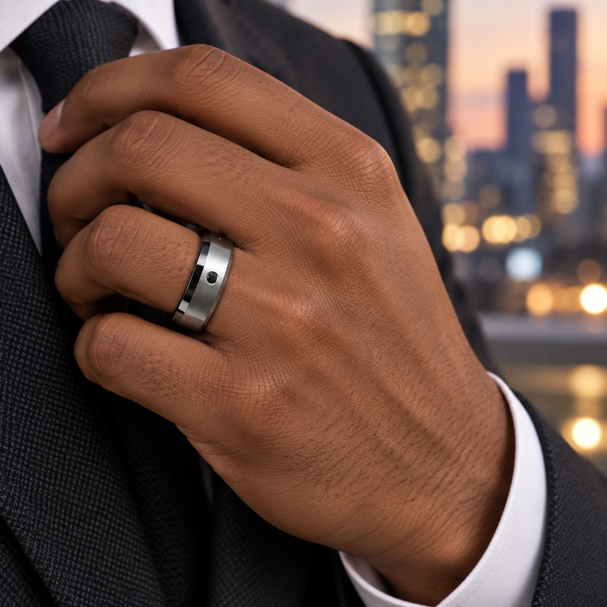 8mm Tungsten Beveled-Edge Band with Black Diamond lifestyle image