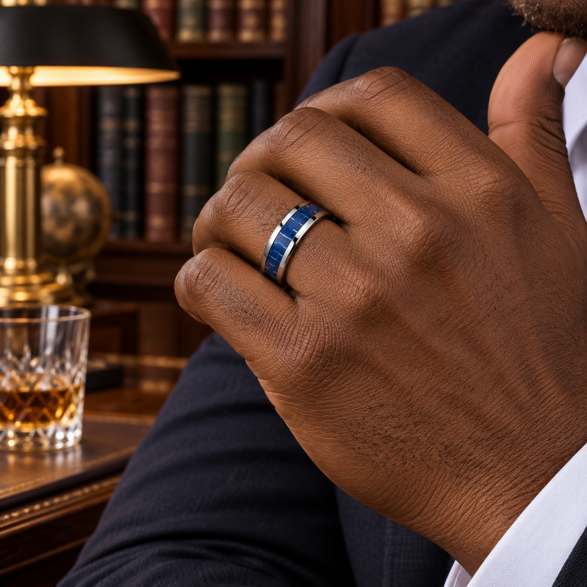 8mm Tungsten High-Polish Band with Blue Carbon Fiber Inlay lifestyle image