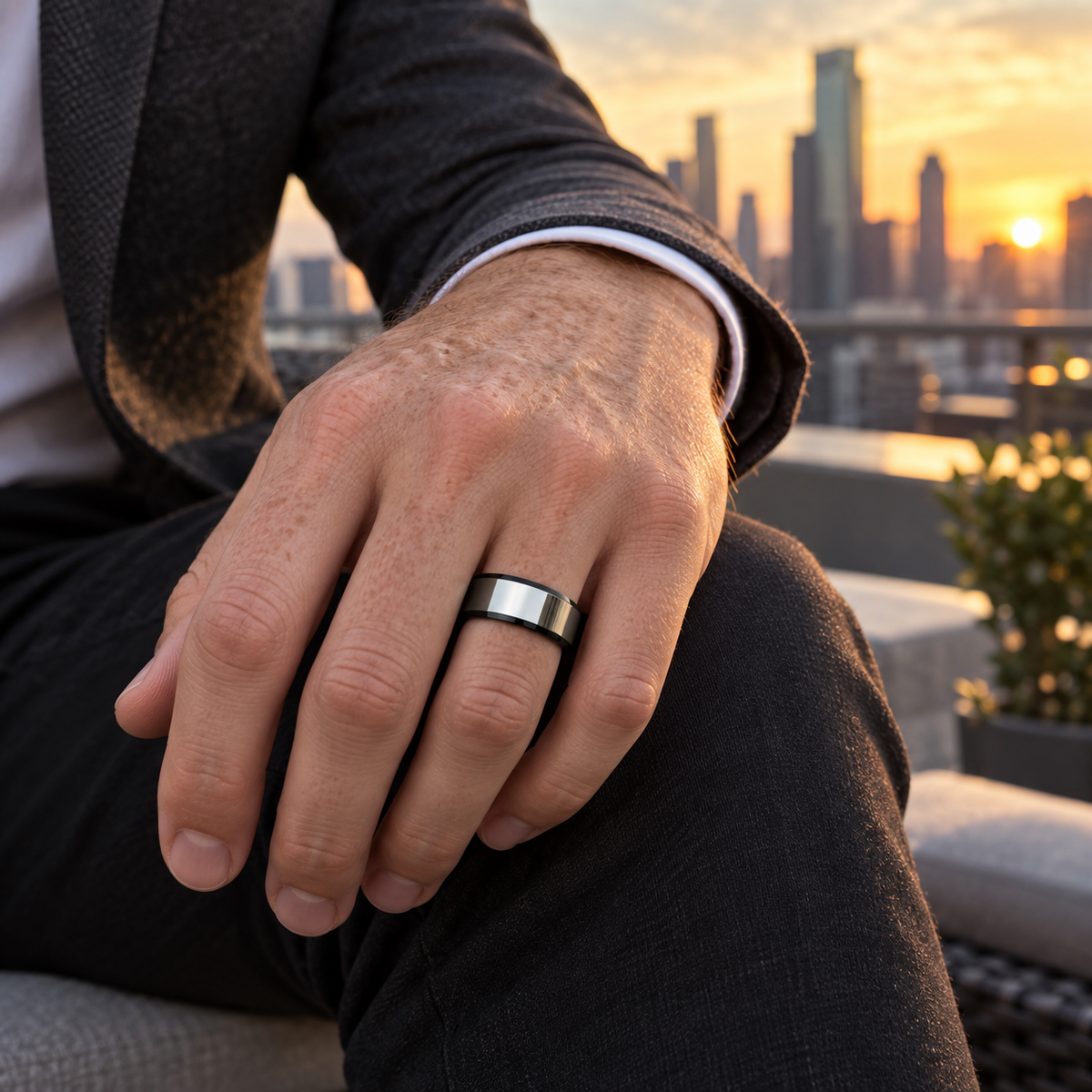 8mm Tungsten High-Polish Band with Black Edges lifestyle image