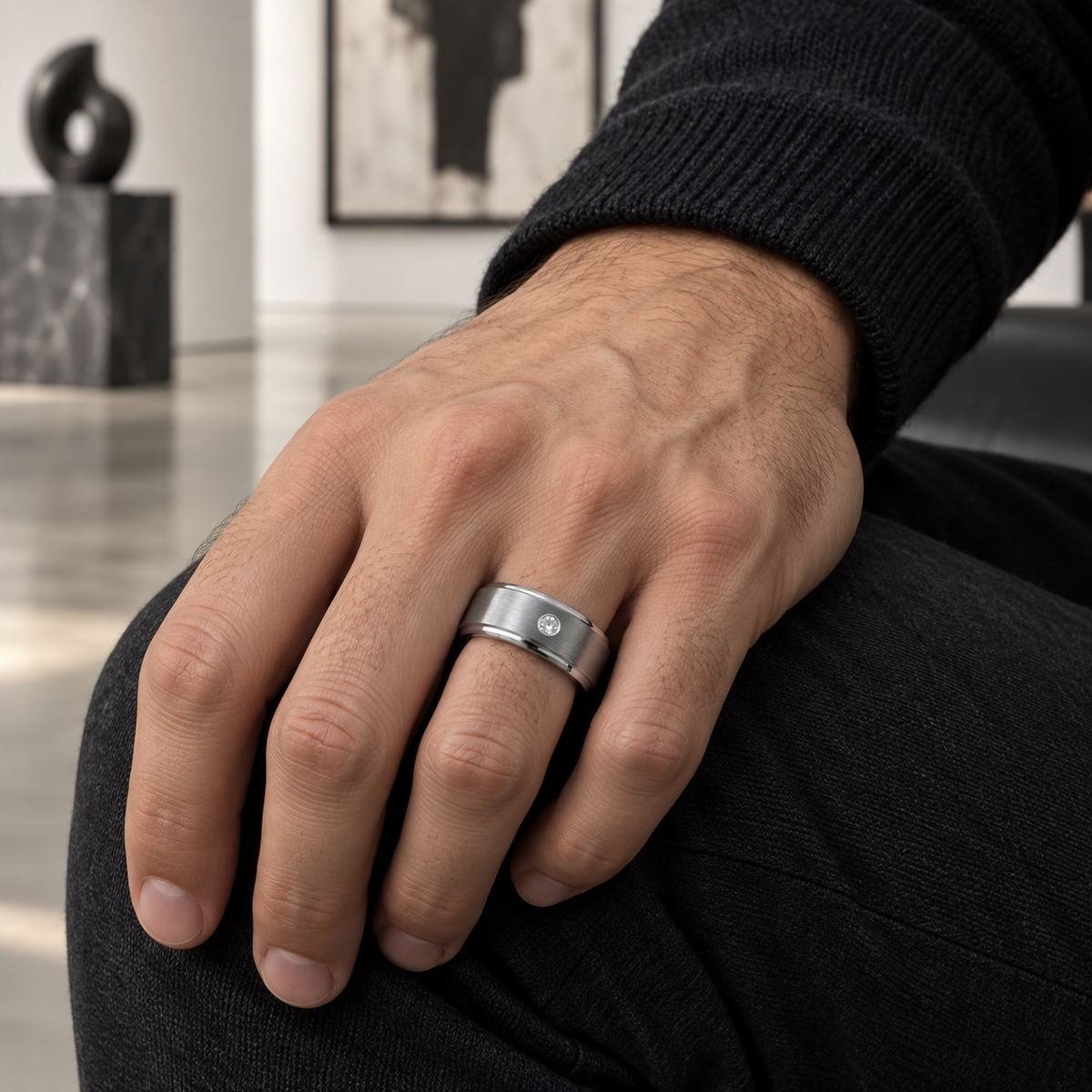 9mm Tungsten Brushed Band with White Diamond lifestyle image