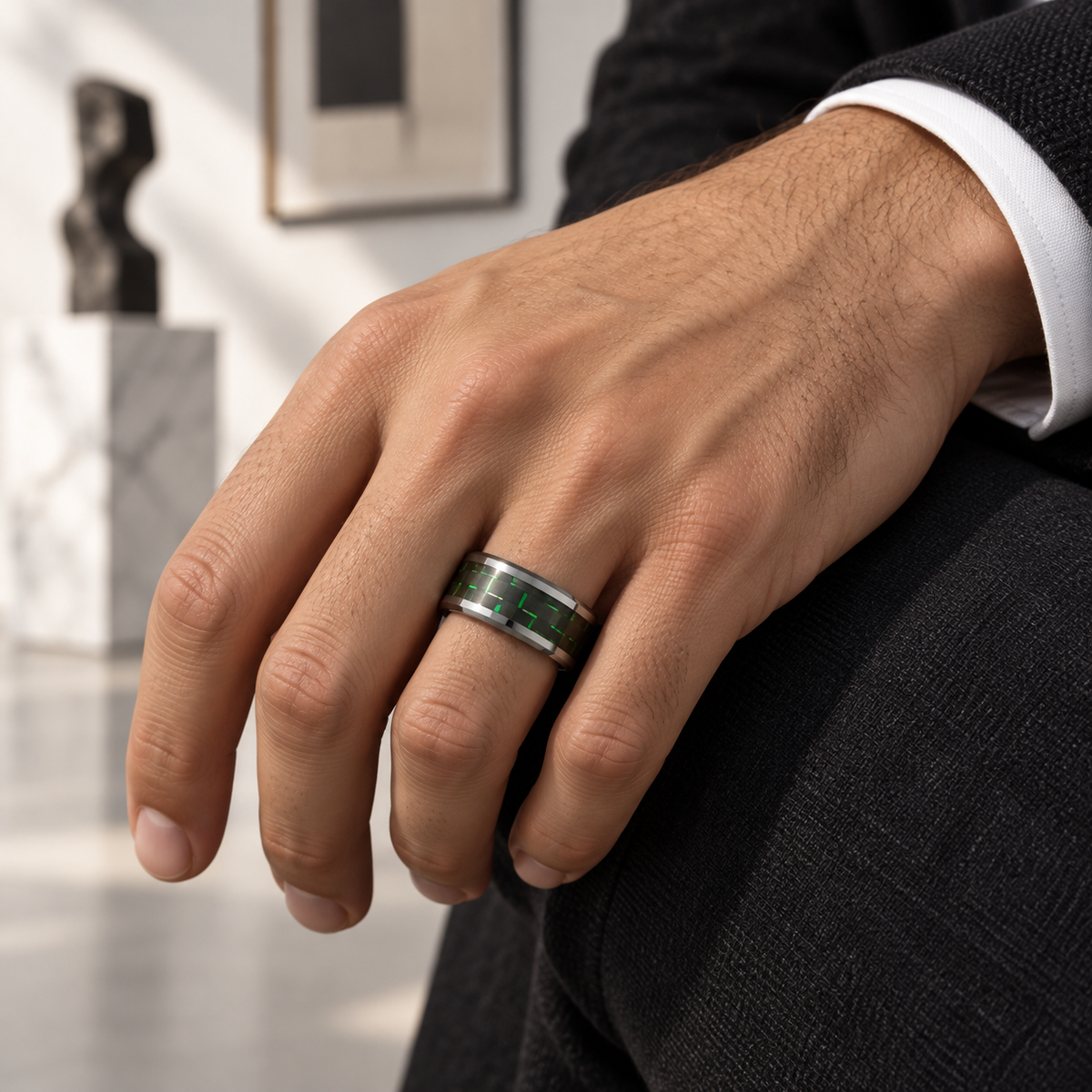 9mm Tungsten High-Polish Band with Green Inlay lifestyle image