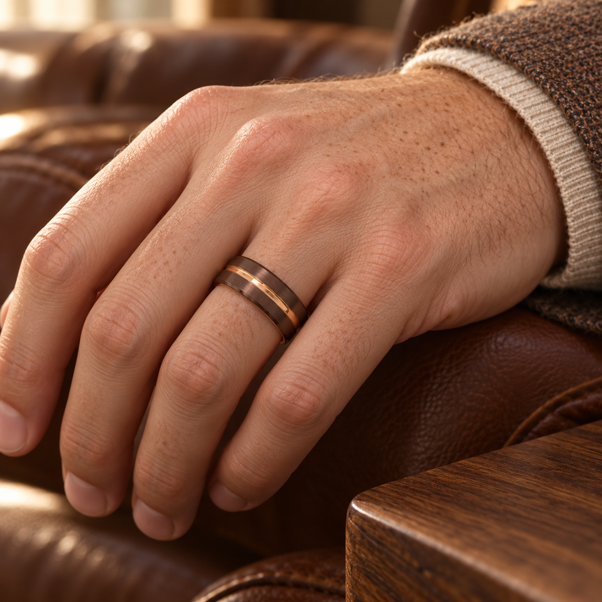 8mm Brown and Rose Tungsten Grooved Band lifestyle image