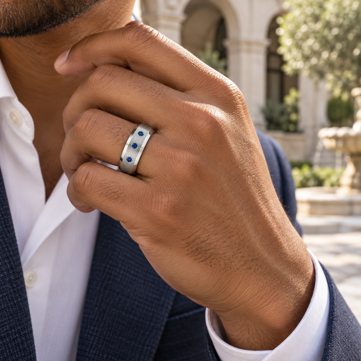 8mm Tungsten Brushed Beveled Band with 3 Sapphires lifestyle image
