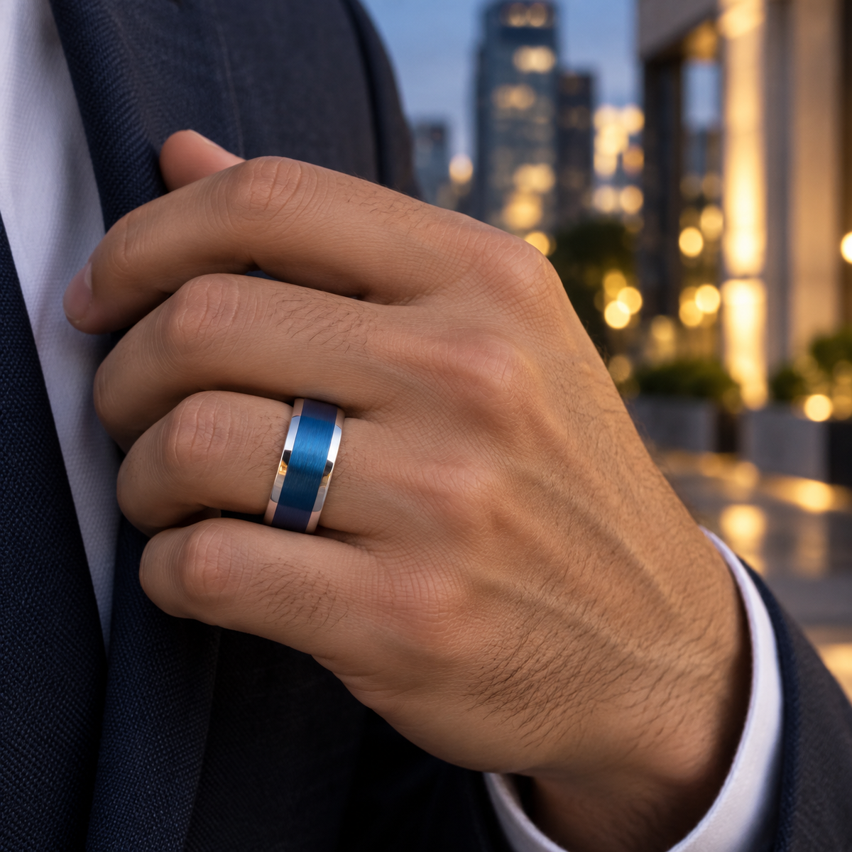 8mm Blue Tungsten Brushed Band lifestyle image