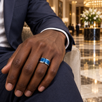 9mm Blue Tungsten Brushed Stepped-Edge Band lifestyle image