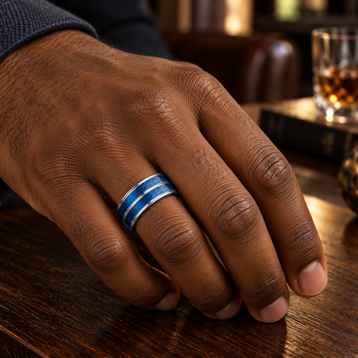 8mm Blue Tungsten Hammered Band lifestyle image