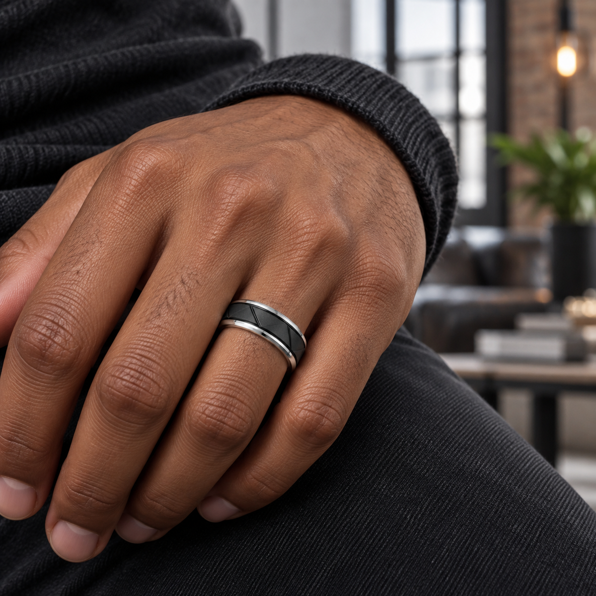 8mm Tungsten Band with Black Diagonal Grooves lifestyle image