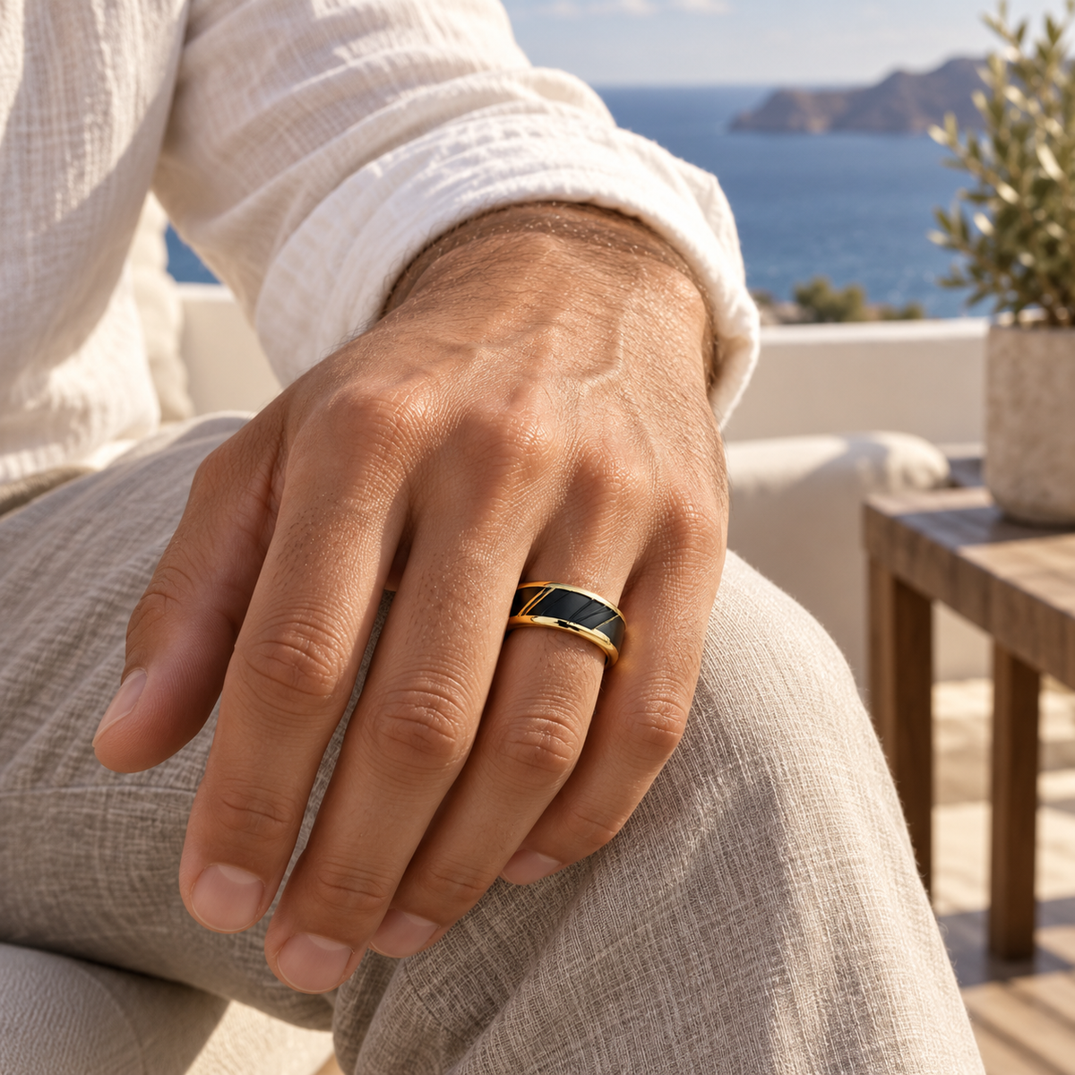 8mm Yellow & Black Tungsten Diagonal-Groove Band lifestyle image