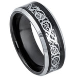 8mm Black Tungsten Band with Silver Celtic Dragon Inlay on white background